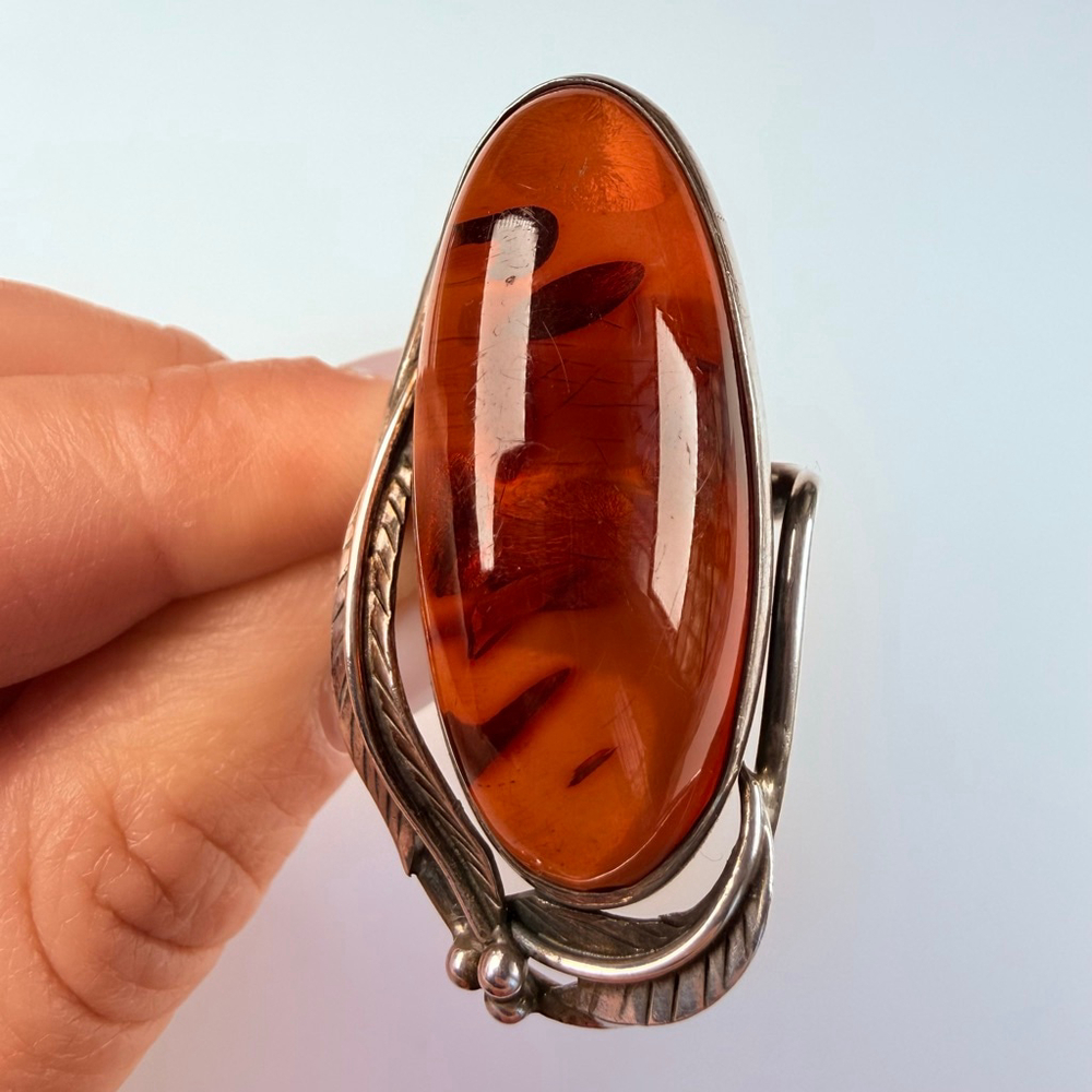 BIG 16.5 CT Baltic Cognac Amber Art Nouveau Sterling Silver 925 VTG 1.7" Ring